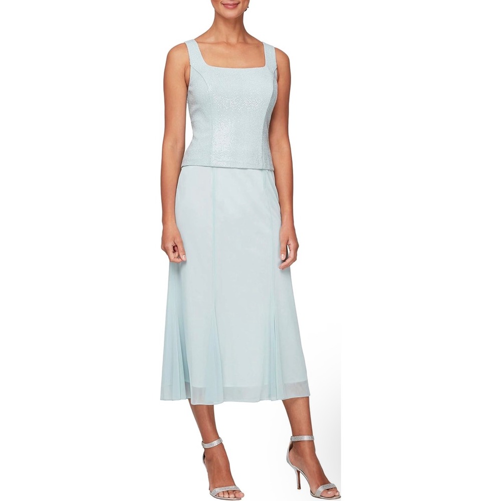 Alex Evenings Women 18 Mint Seafoam Green Sequin Chiffon Dress Square Neck NWOT